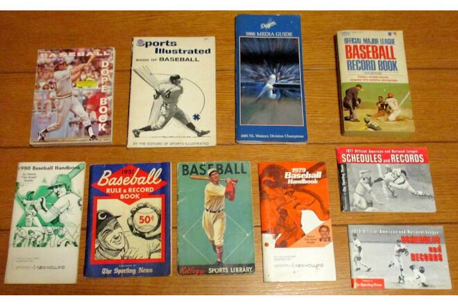 Vintage Baseball Book Lot (10)W/1951 Rule & Record + 1986 Dodgers Media Guide ++
