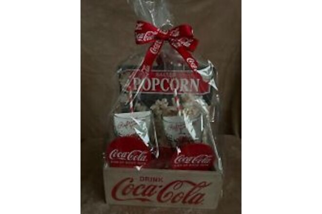 Coca-Cola Wooden crate with genuine glasses, coasters, paper straws and popcorn