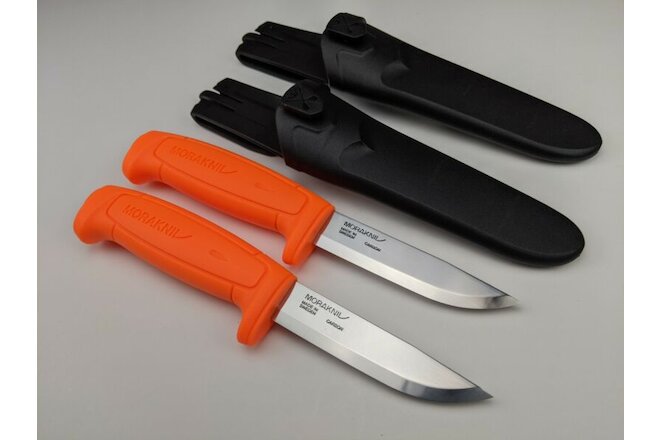 2 Pack Lot - Morakniv Basic 511 Knife & Sheath - 2 Orange Handle Mora Knives