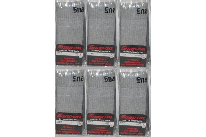 6 PAIRS = SNAP-ON Crew Socks, GRAY ~ LARGE ~ FREE SHIPPING ~ MADE IN USA *NEW*