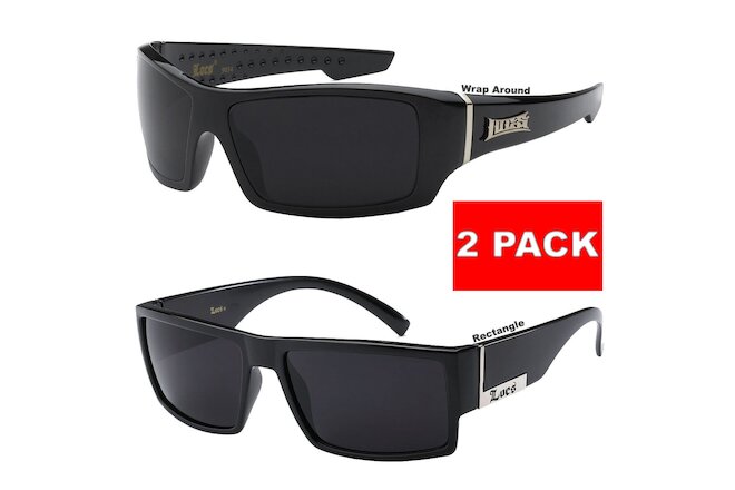 2 Pack LOCS Rectangular Gangster Black Shades Mens Sunglasses Cholo Dark Lens