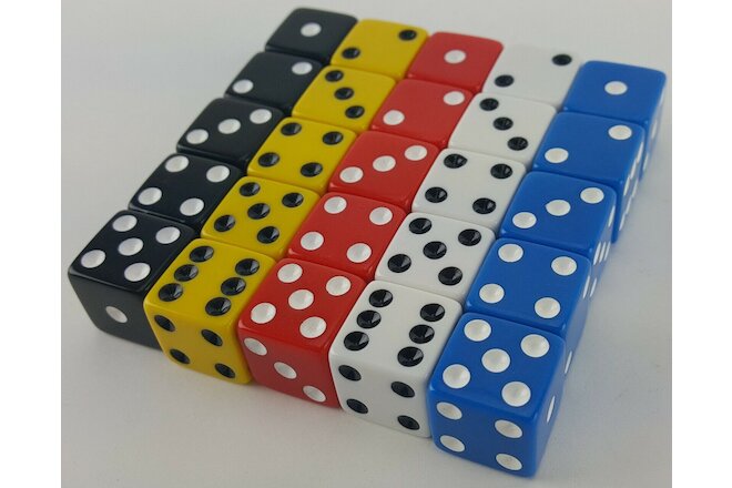 LIAR'S DICE SET OF 25 RED BLUE YELLOW WHITE BLACK 6 SIDED D6 5/8" 16mm LIARS #1