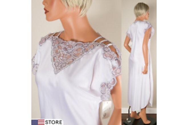💖 TOM BEZDUDA For BARAD White Satin Bridal Nightgown Sleeveless Lace Trim PM