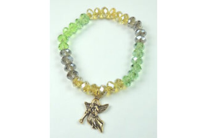 ARTISAN Smoky Green & Yellow Crystal Stretch Bracelet with Angel Handmade