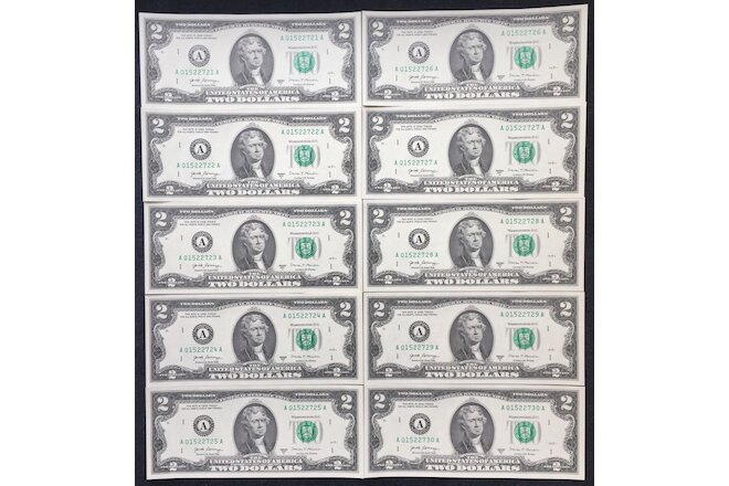 Lot of 10 NEW BEP Uncirculated Two Dollar Bills Crisp $2 Sequential Notes