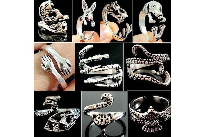 30pcs Cute Animal design Mixed Vintage Silver Rings for Women Punk Male Rings