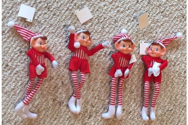 Lot of 4 Plush Elf Pixie Dolls sittable posable Plush Christmas Ornament BNew S