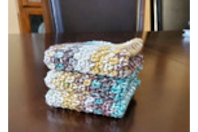 HANDMADE SET OF 3 CROCHET COTTON DISH CLOTHS OR WASH CLOTHS 8 X 8  INCHES