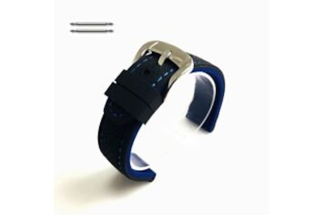 Sport Style Black & Blue Stitching Silicone Replacement Watch Band Strap #4407