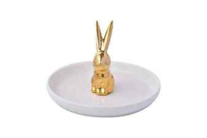 White Tray with Gold Bunny Design Ceramic Polished Jewelry Holder Birthday Gifts