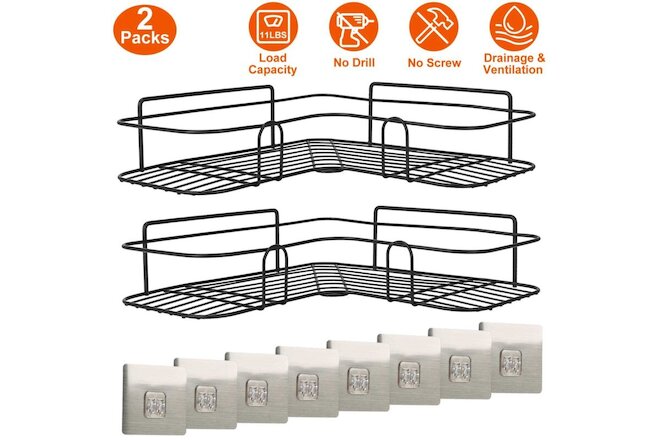 2Pack Corner Shower Caddy Shelf w/ 8Pcs Adhesive Hooks Wall Mounted Basket Rack