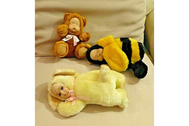 3 SMALL PORCELAIN FACED PLUSH TOY DOLLS - RABBIT, BEE & BEAR ONE PIECE OUTFITS