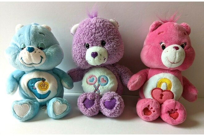 Care Bears Plush Lot of 3 Secrets Heart Lock Share Lollipops Bedtime Sleepy Moon