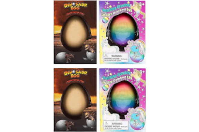 Surprise Growing Dinosaur and Unicorn Hatch Egg Kids Novelty Toy - 4 Piece Set