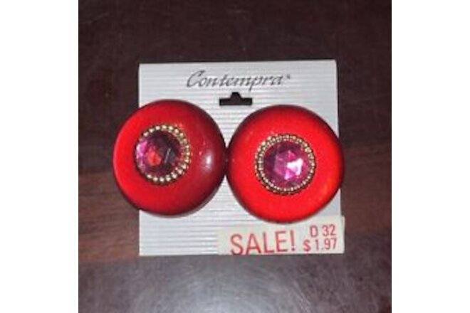 Vintage 'Contempra' Red Pink And Gold Tone Round Pierced Earrings New