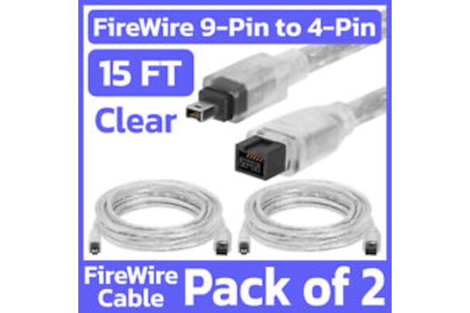 2 Pack FireWire 800 9-Pin to 400 4-Pin Cable 15ft IEEE1394b/1394a Cord Adapter