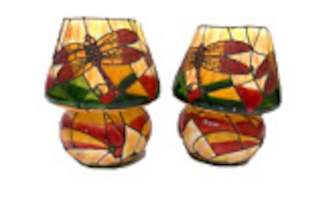 2 Mushroom Stained Glass Candle Holder Vintage Dragonfly 8”x6” set Hurricane