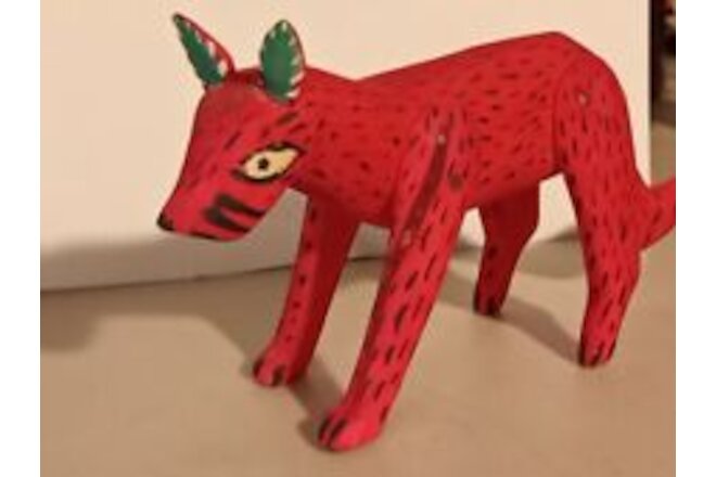Mexican folkart handcarved wood pink jaguar figurine