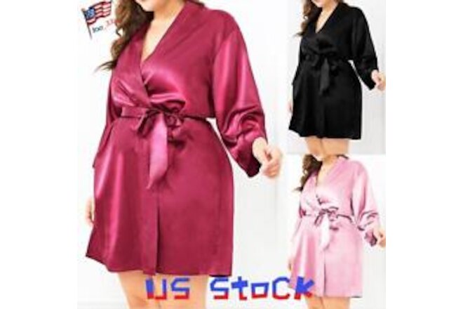 Womens Sexy Satin Silk Lace Bath Robe Lingerie Kimono Dressing Gown Sleepwear US