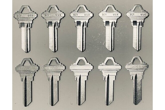 LOT OF (10) SCHLAGE SC1 ILCO NICKEL PLATED BRASS KEY BLANKS MADE IN THE USA