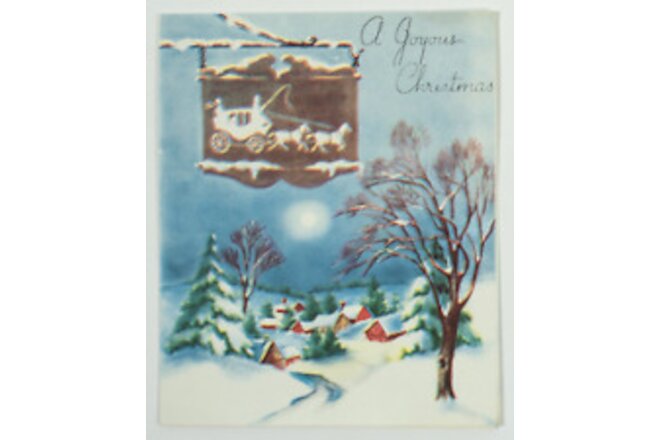 Vintage Christmas Card 1950s Winter Village Snow Scene Carriage Stonybrook Line