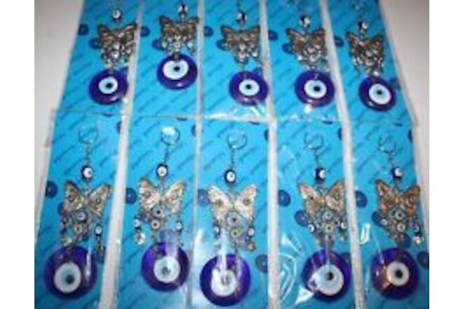 Set of 10 Turkish 8" Long 1 1/2" Glass Evil Eye & Metal Butterfly Hanging Charm