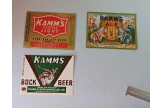 Vintage Beer Labels Lot of 3  Kamms Bock Beer, Ale Kamms Pilsner LIGHT (2 IRTP)