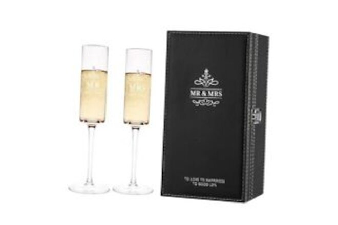 Wedding Champagne Flutes for Mr and Mrs, Champagne Glasses Set of 2 Leather