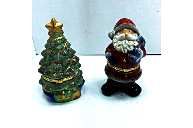 2 Hinged Trinket Box Santa Claus Christmas Tree 5" Tall Porcelain Holiday Used