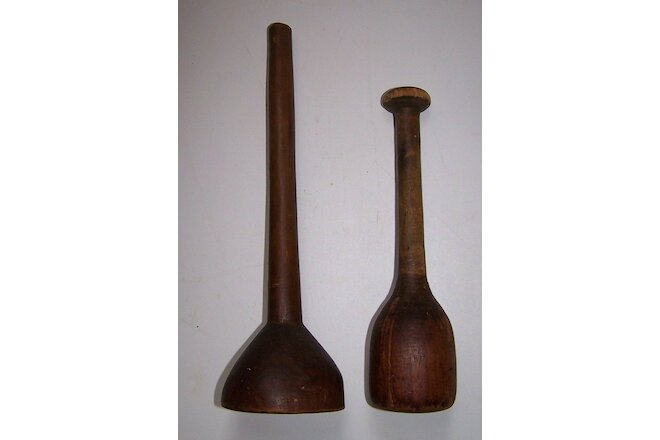 2 Antique Wooden Pestles/Mashers 10 1/2" & 13 1/4" Tall Primitive Kitchen Tools