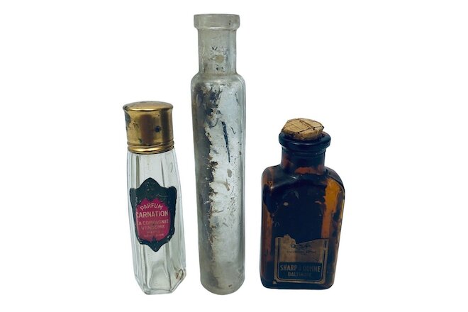 Lot of 3 Old Apothecary Medicine Parfum Bottles Baltimore Paris New York Dug