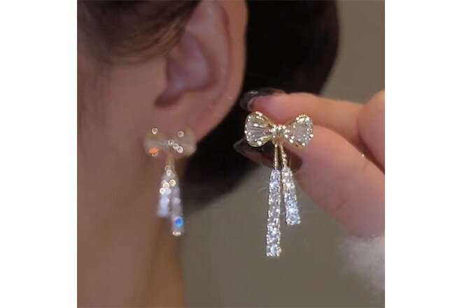 Luxury Zircon Crystal Gold Plated Bow Tassel Earrings Dangle Drop Women Jewelry
