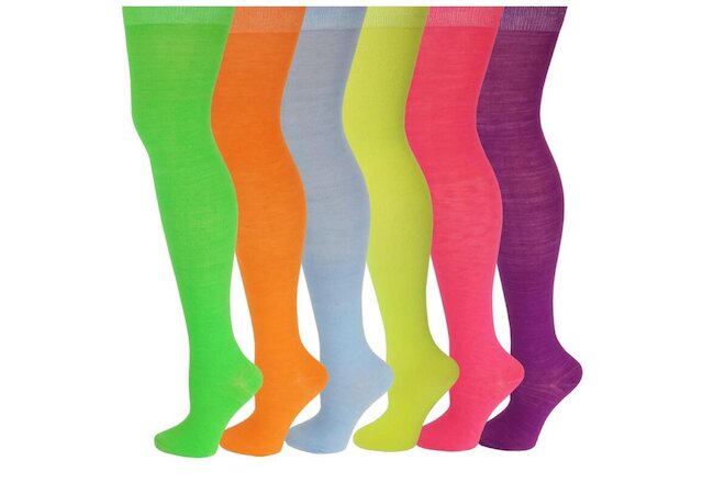 6 Pairs Women Assorted  Solid Neon Colorful Thigh High Over The Knee Socks 9-11