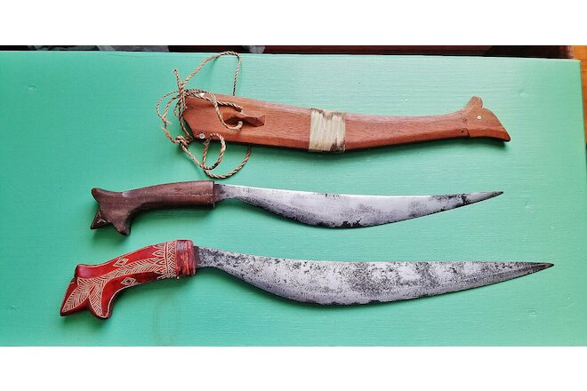 2 Vtg Philippine Native Moro Barong Sword Knife WW2 WEAPON Carved Wood Sheath