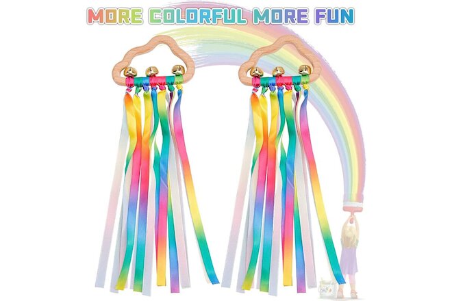 2PCS Sensory Wooden Ring Baby Educational Toys -Rainbow Ribbon Rattle with Bells