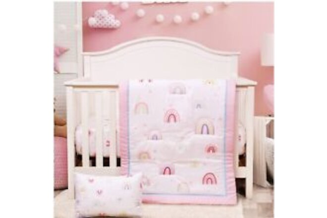 Boho Rainbow, 6 Piece Baby Girl Nursery Bedding Crib Set Pink Reversible Blanket