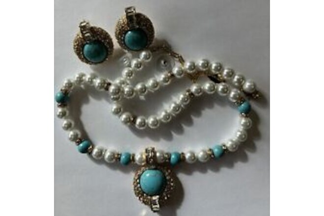 Turquoise Gold and Zircon Pearl Vintage Set Pendant Necklace and Earrings