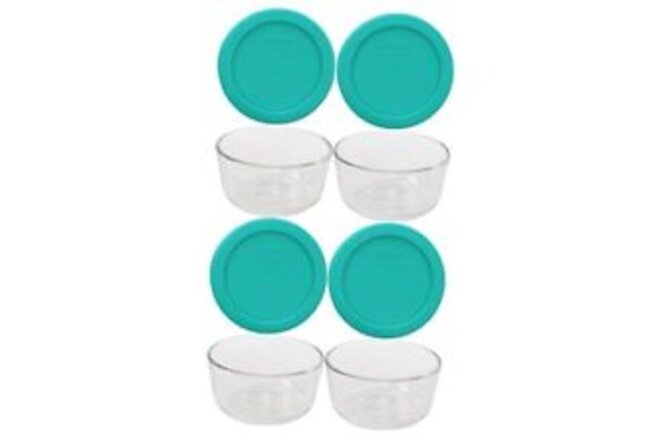 (4 7202 1-Cup Glass Bowls and (4) 7202-PC 1-Cup Turquoise Lids Made in the USA