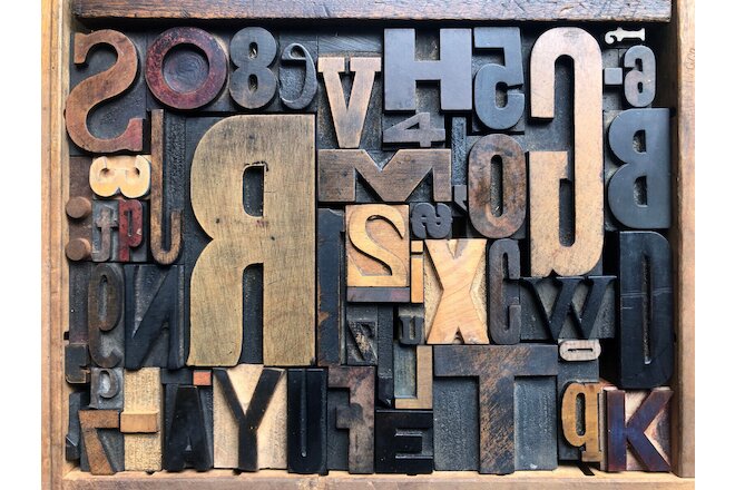 Antique Letterpress Printing WOOD TYPE 52 Pieces Mix Full Alphabet & Numbers 0-9