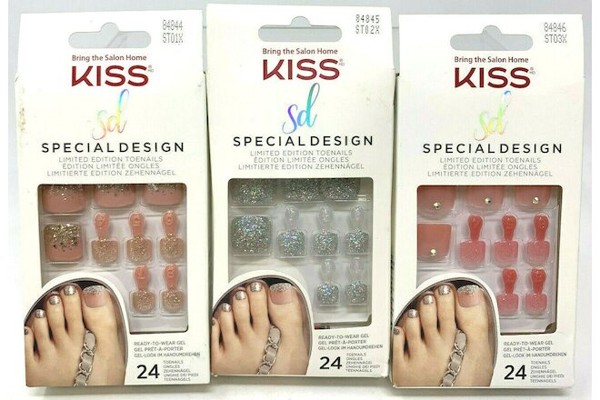 (3) Kiss Special Design Limited Edition Gel Toenails New In Packaging No Repeats