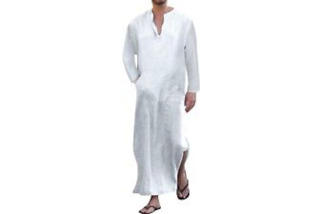 Men's V-neck Short Sleeve Robe Side Split Kaftan Cotton Long Gown Thobe S-3XL