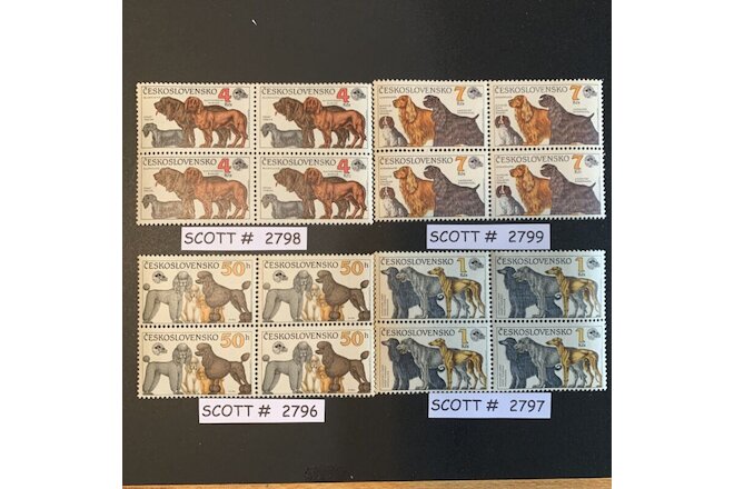 Stamps - CZECHOSLOVAKIA, Scott #2796, 50h, 1Kcs, 4Kcs,7Kcs Dogs, 4 blocks of 4
