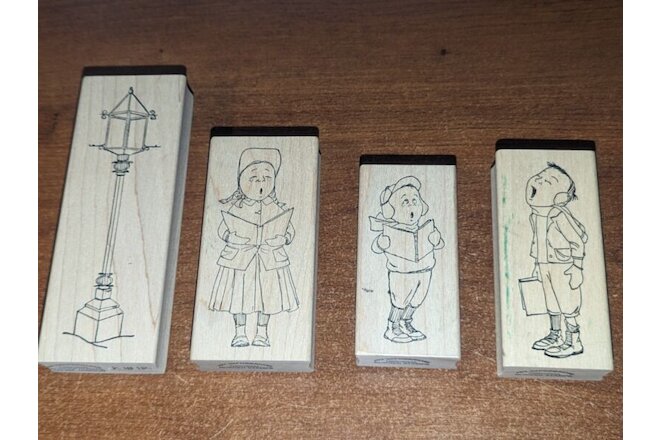 Christmas Carolers Art Impressions Rubber Stamp Singers w/ Lamp Post LOT OF 4