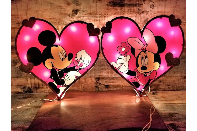 Lot of 2 Disney Lighted Mickey & Minnie Mouse Valentine's Heart Window Wall Hang