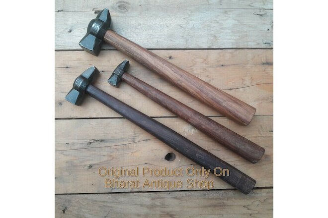 Set of 3 Black Iron Hammer Blacksmith Wooden Handle Heavy Duty