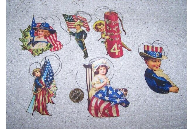 6~Vintage~4th of July~Patriotic~Glitter~Fussy Cut~Linen Cardstock~Gift~Hang~Tags
