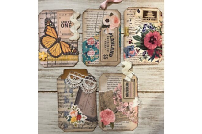 5 Handmade Cluster Embellishments Tags Junk Journal Ephemera Cards Collage