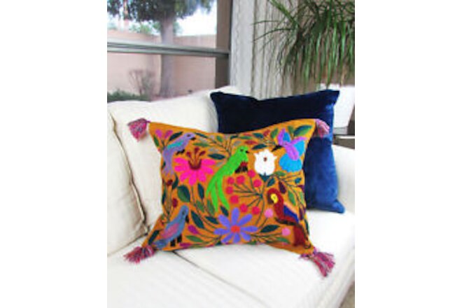 Chiapas Pillow Ocher tone with birds and flowers pattern hand embroidered