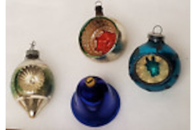 Lot of 4 Assorted Vintage Glass Christmas Ornaments Indents Bell