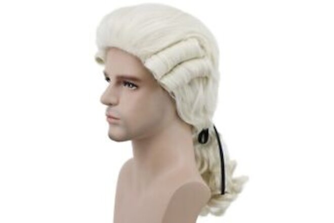 Judge Colonial Wig Man Long Wave Beige Wig Washington Halloween Costume Cospl...
